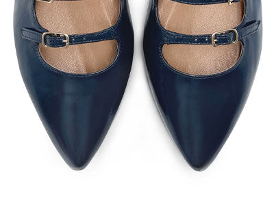 Blue shiny pointed-toe ballet flats with straps