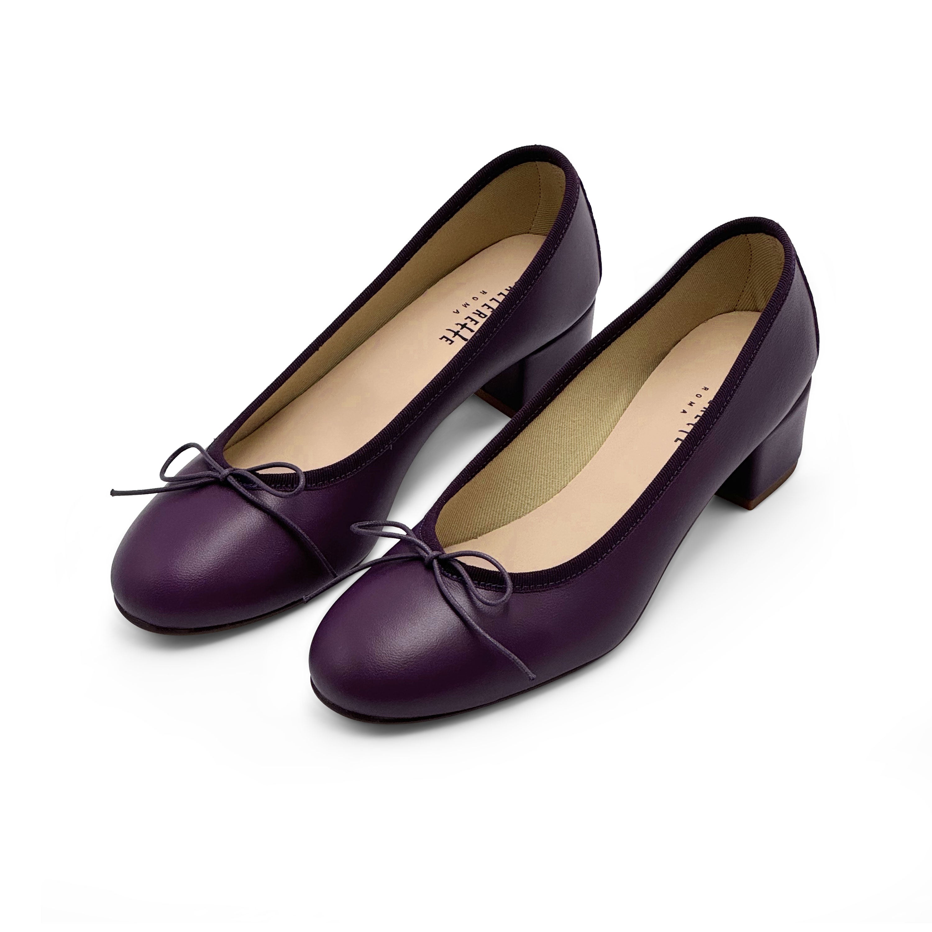 Ballerine in pelle viola con tacco alto