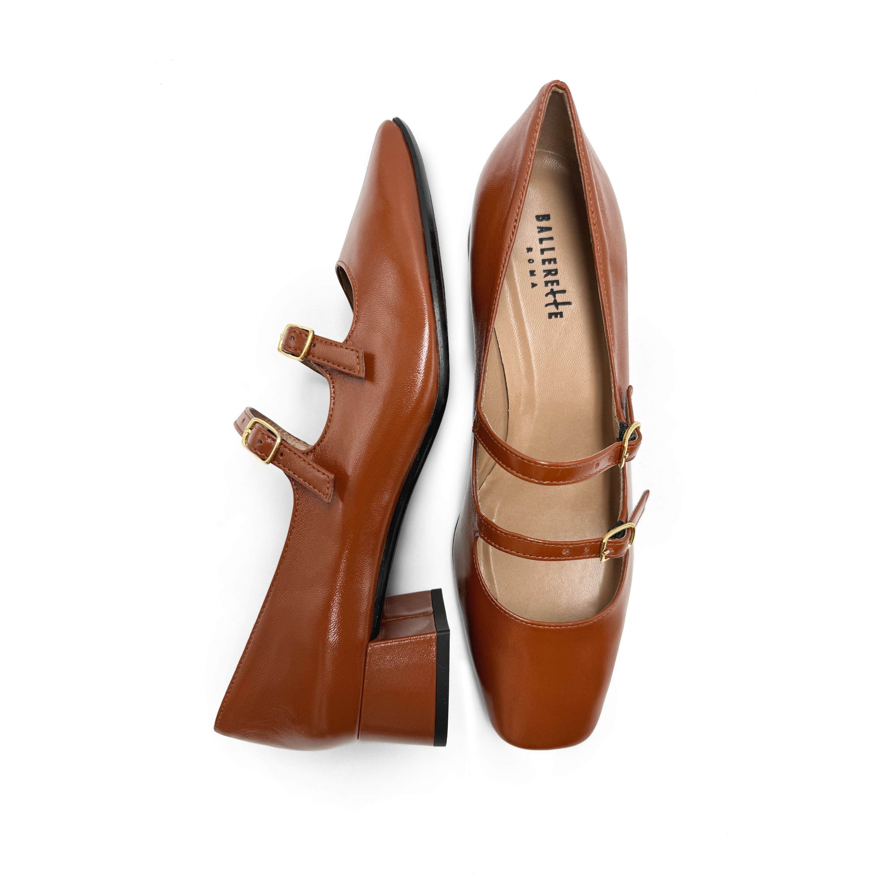 Brown shiny leather Mary Jane shoes with two straps and high heels