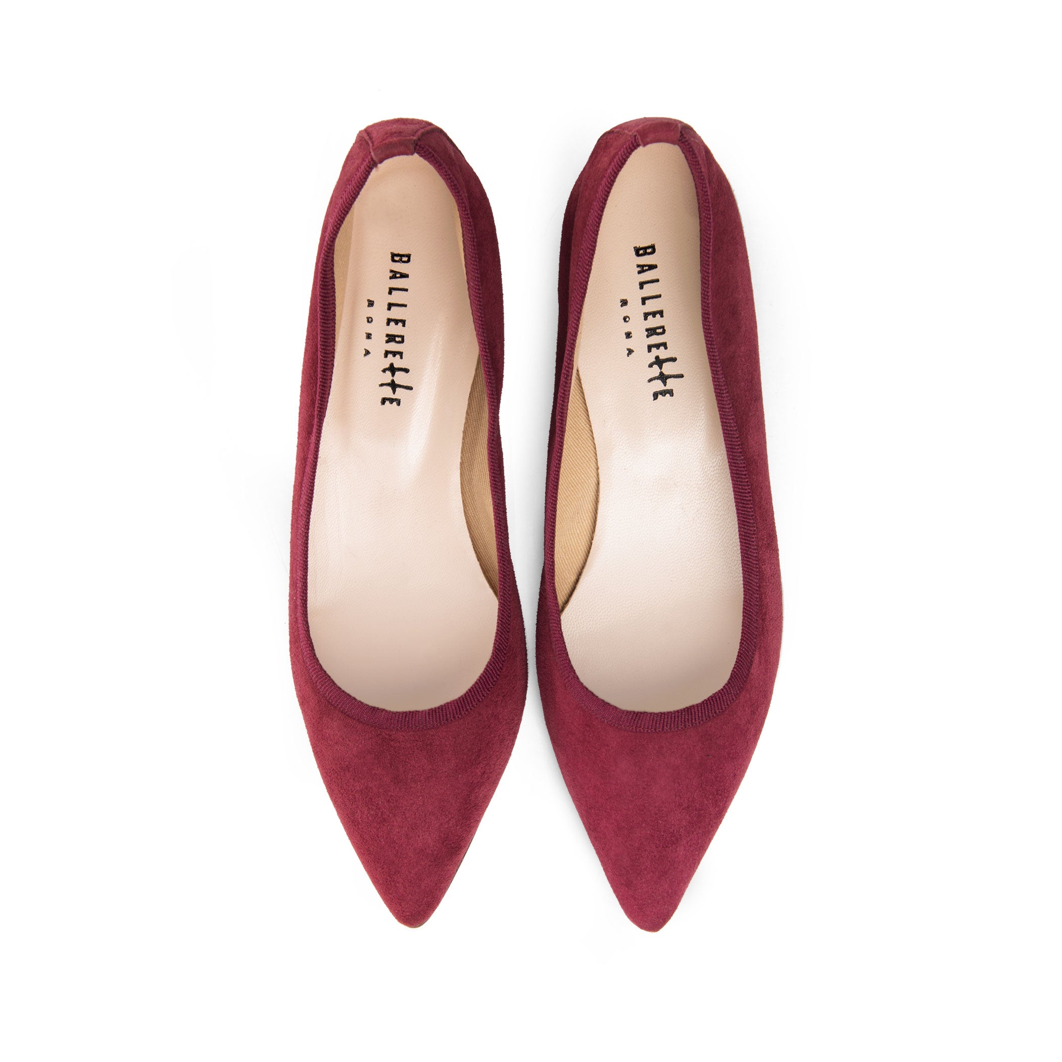 Pointed toe burgundy suede ballet flats