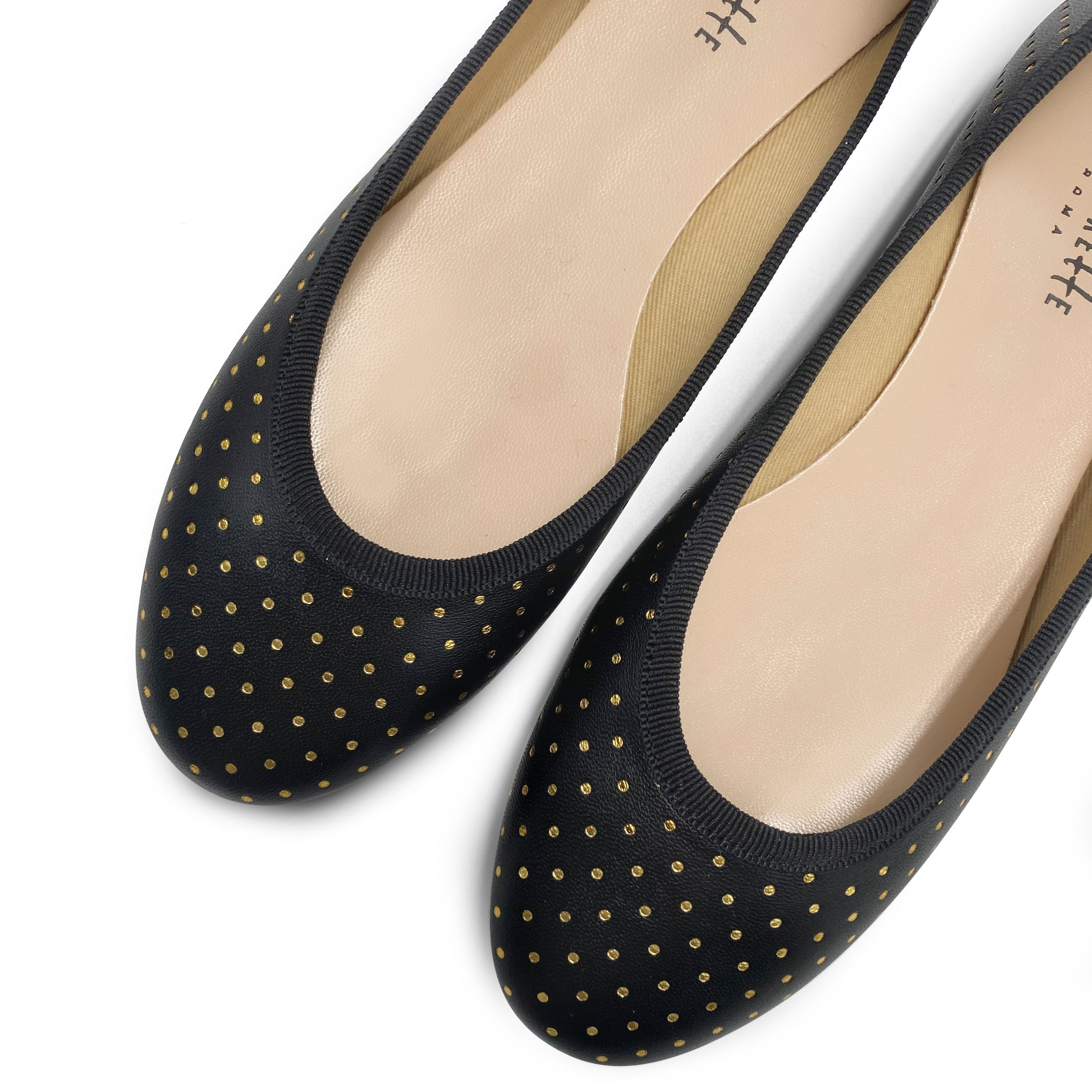 Ballerine nere in pelle con micro pois oro