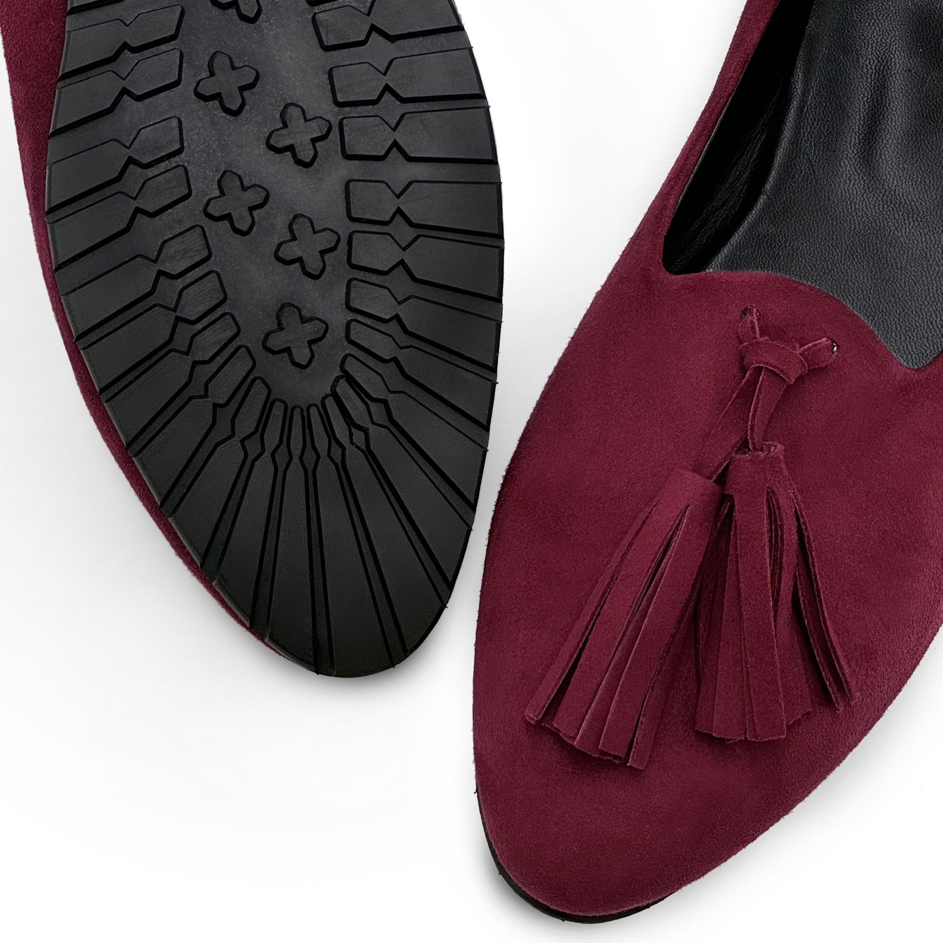 Burgundy suede women moccasins with tassels