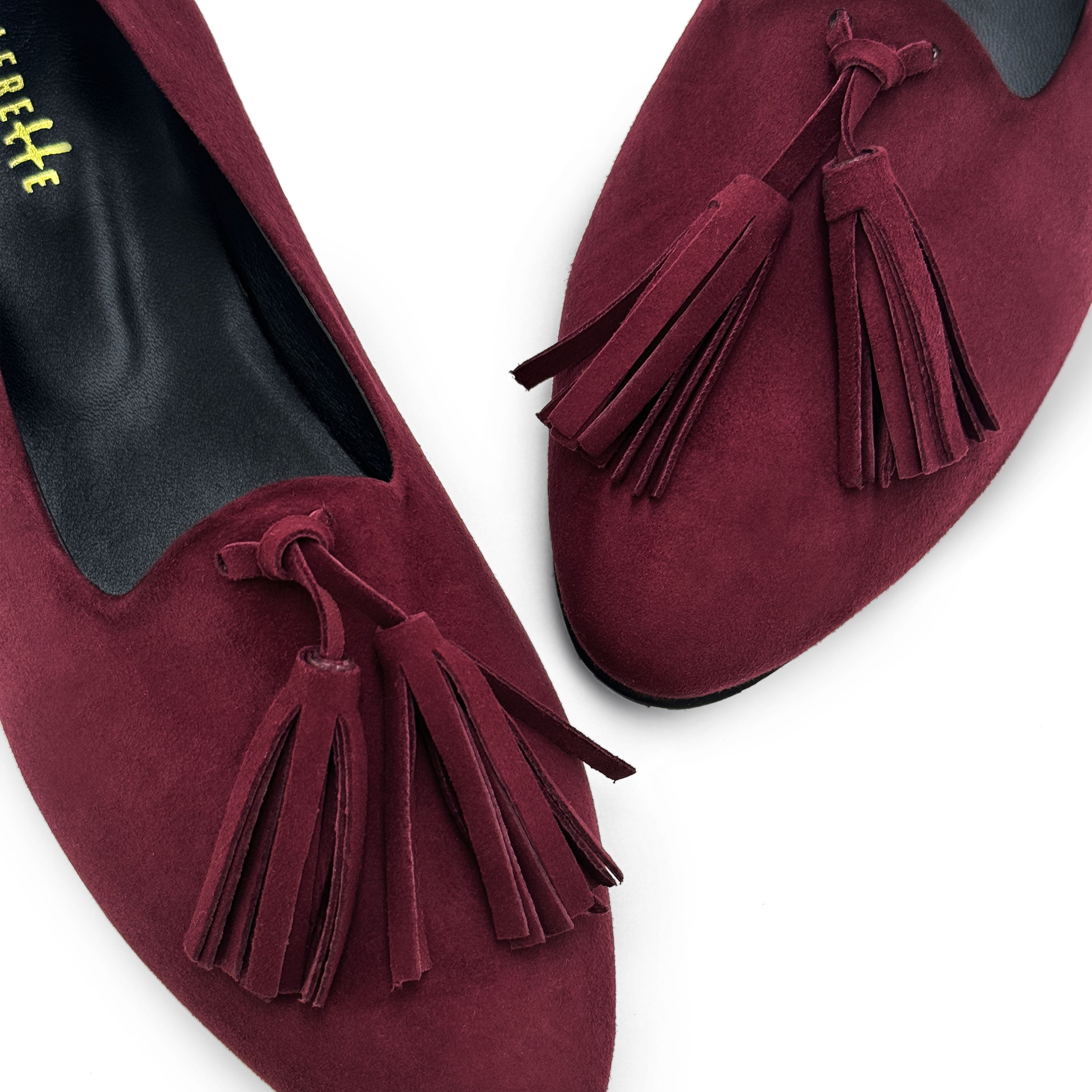 Burgundy suede women moccasins with tassels