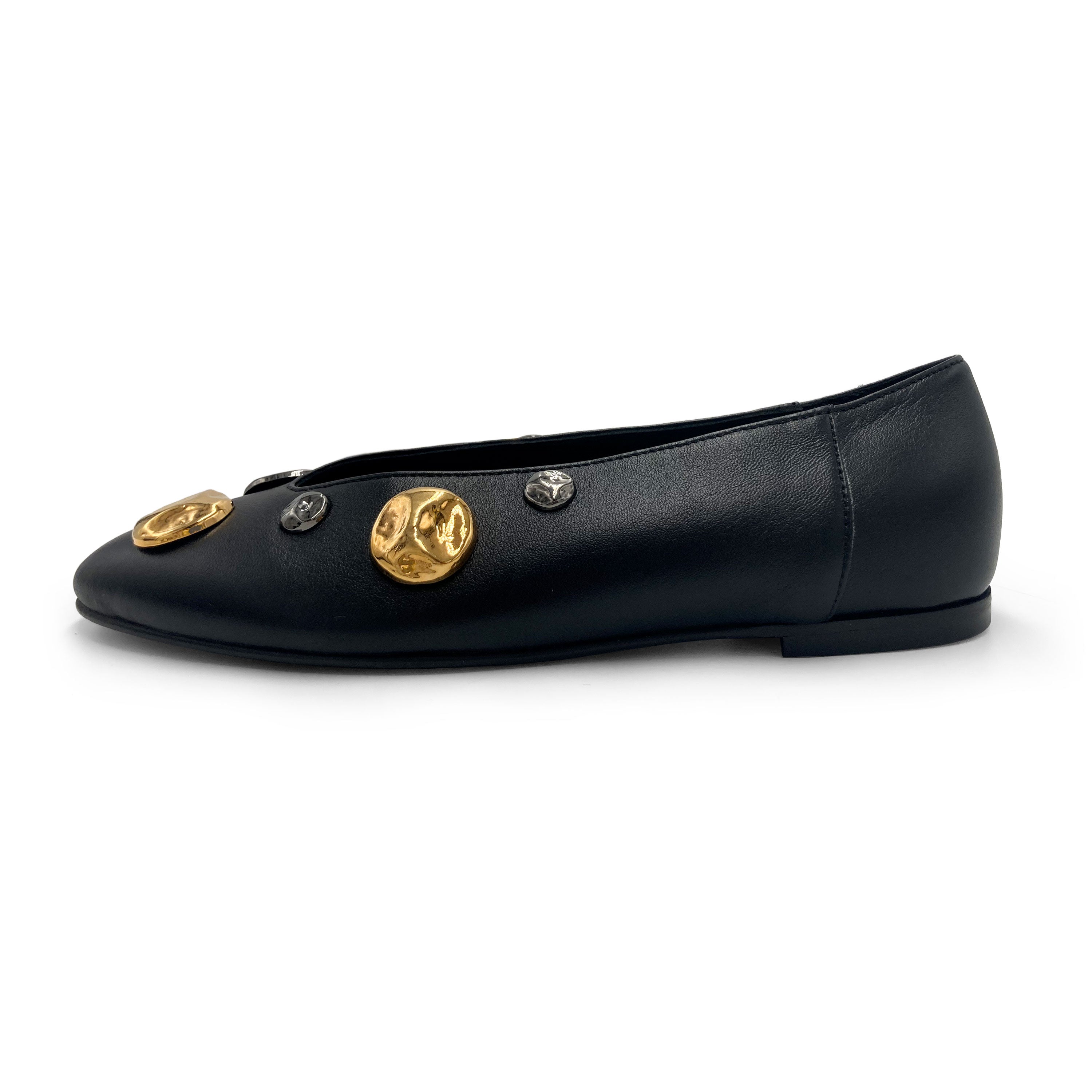 Black leather high shoe-vamp flats with gold and iron studs