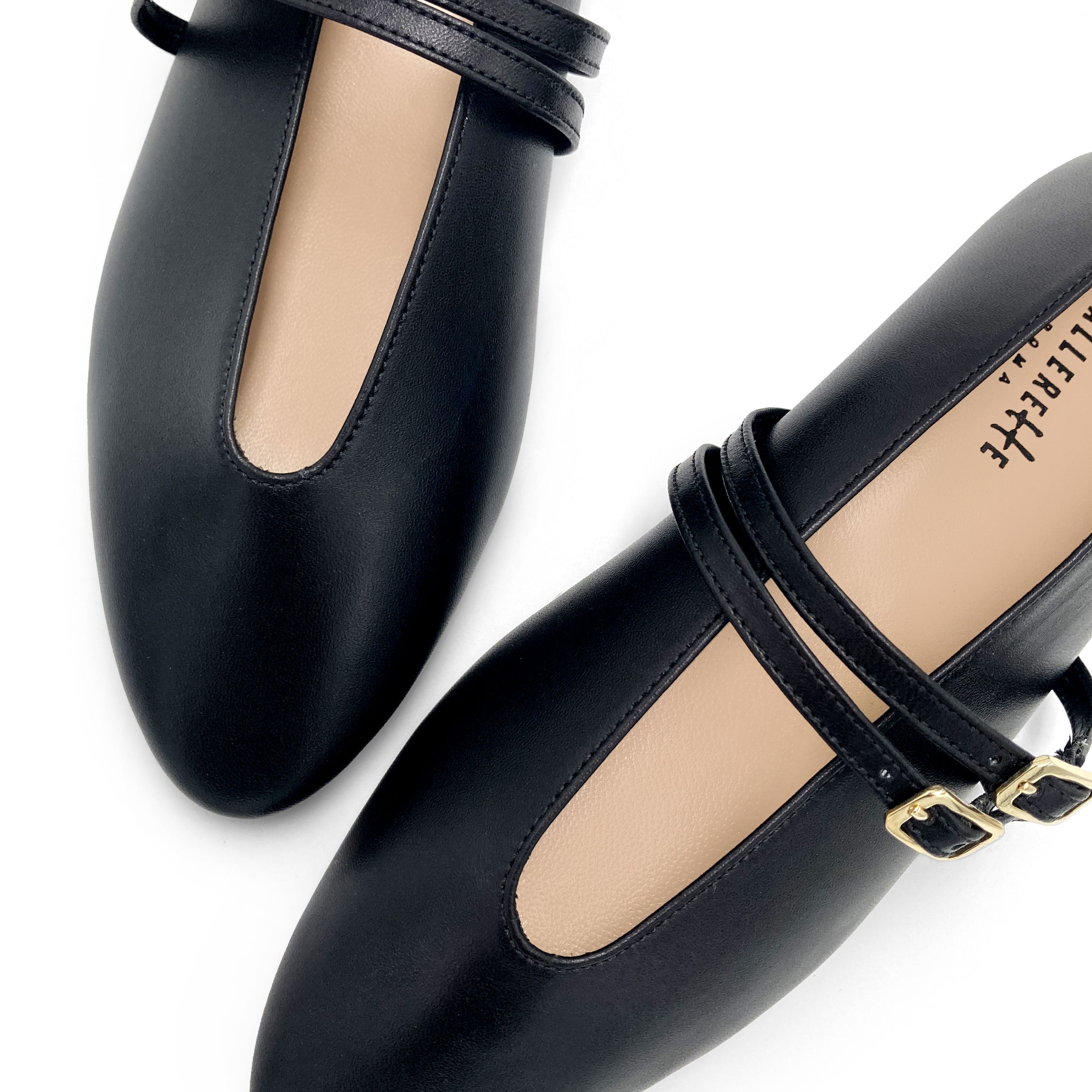 Black Leather Ballet Flats with V-Cut and Straps