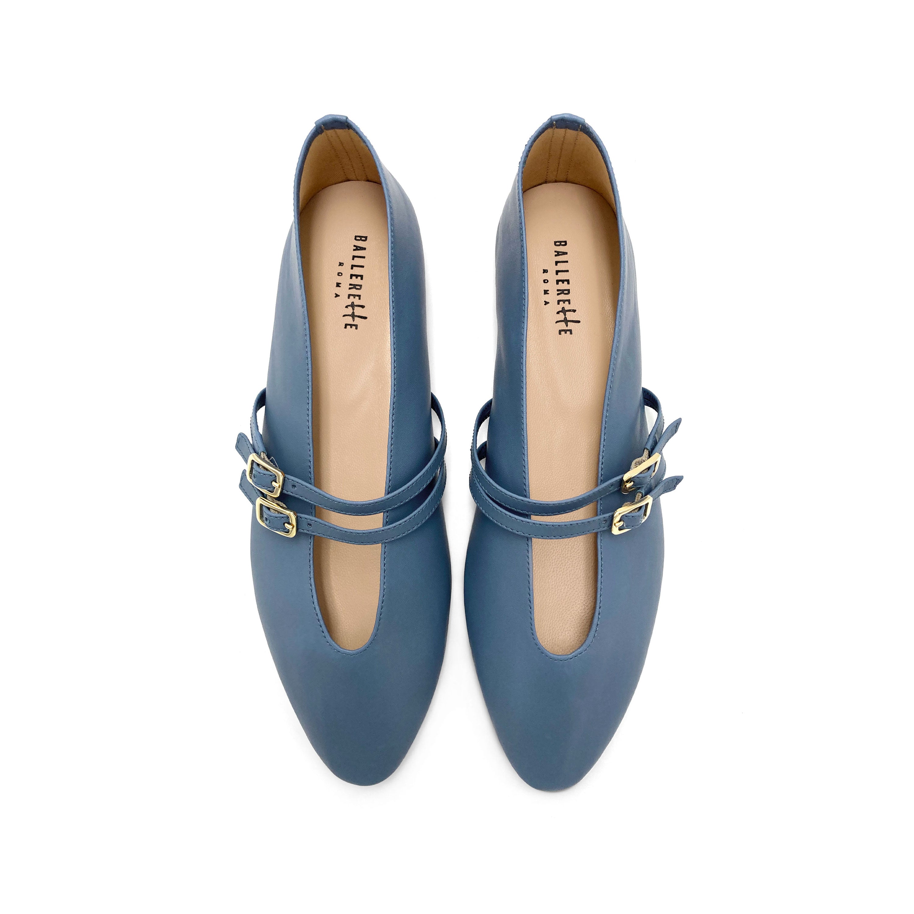 Cerulean Blue Leather Ballet Flats with V-Cut and Straps