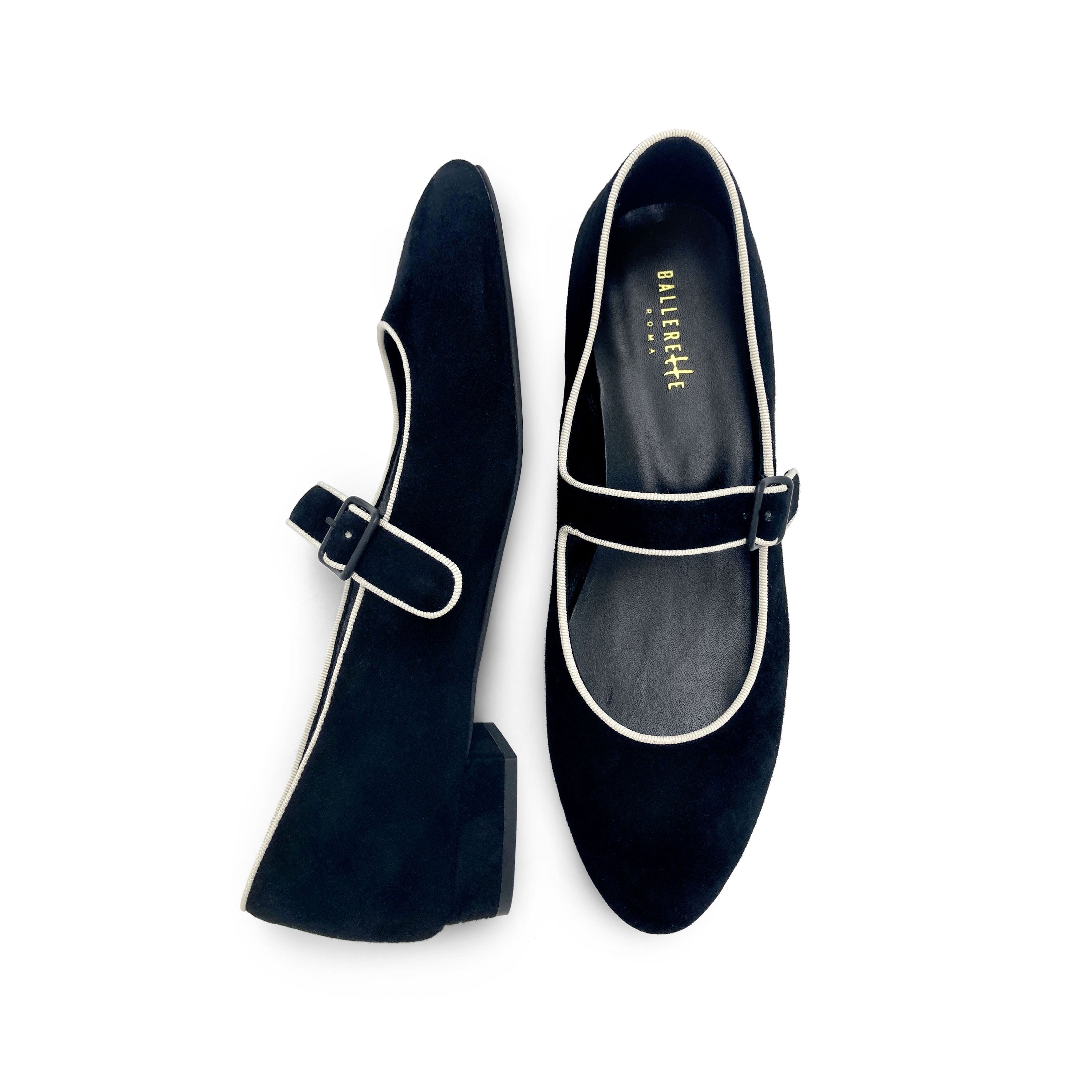 Mary Jane ballet flats in black suede with strap