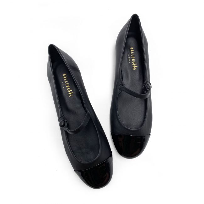 Black leather ballet flats with patent leather strap and toe