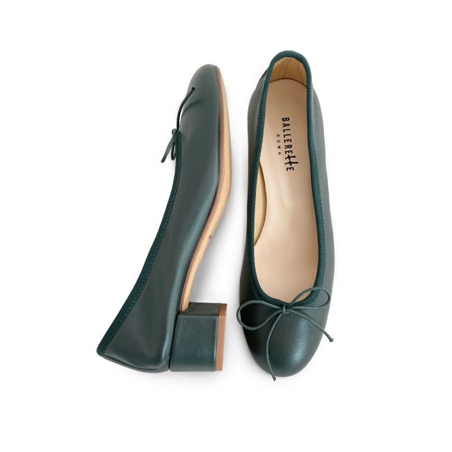 Bottle green leather ballet shoes with heels