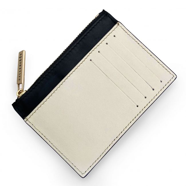 Black leather card-holder with ivory white pocket