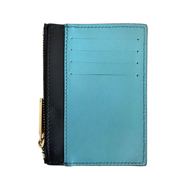 Black leather card-holder with light blue pocket