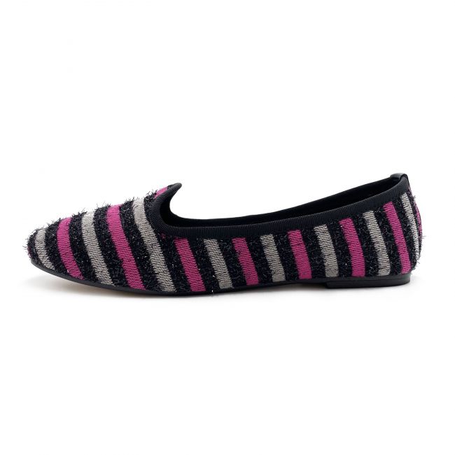 Women's slippers in fuchsia and gray striped fabric - Ballerette