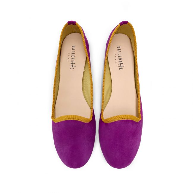 Fuchsia suede loafers and amber yellow details