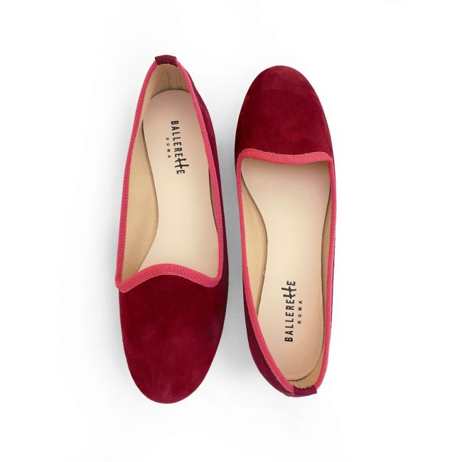 Bordeaux suede loafers with pink grosgrain