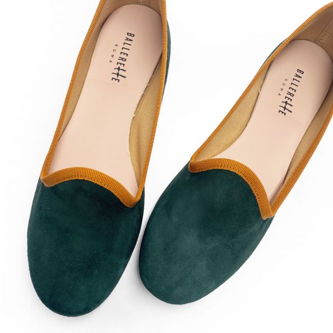 Green women's loafers with amber yellow grosgrain - Ballerette