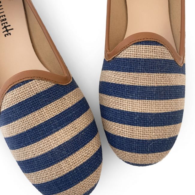 Blue striped jute loafers