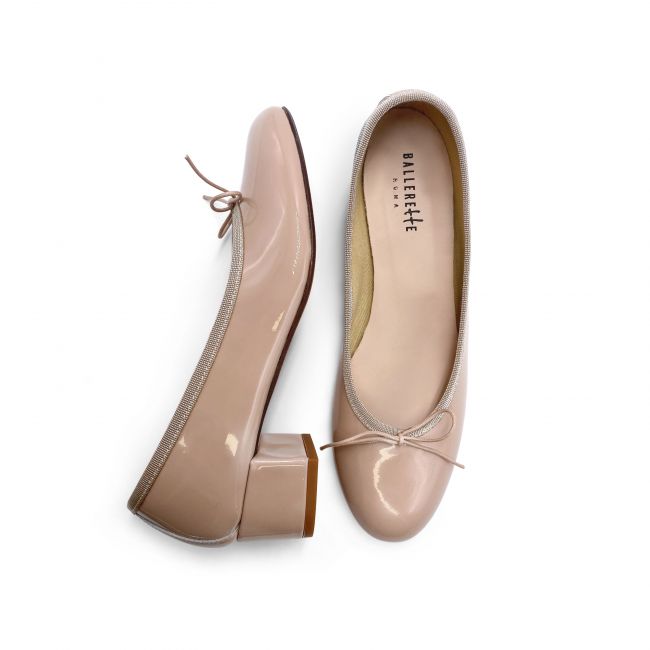 Powder pink patent leather ballet flats with heel