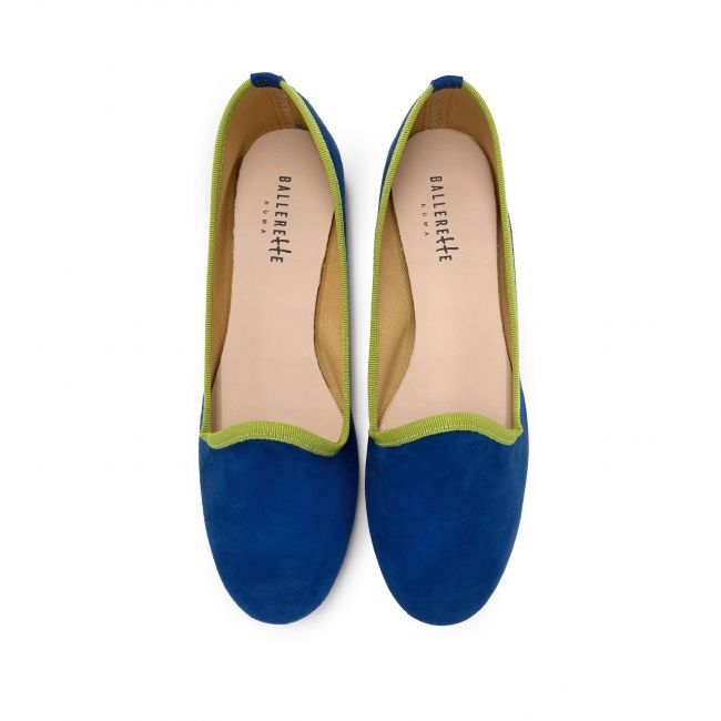 Blue suede loafers and green details