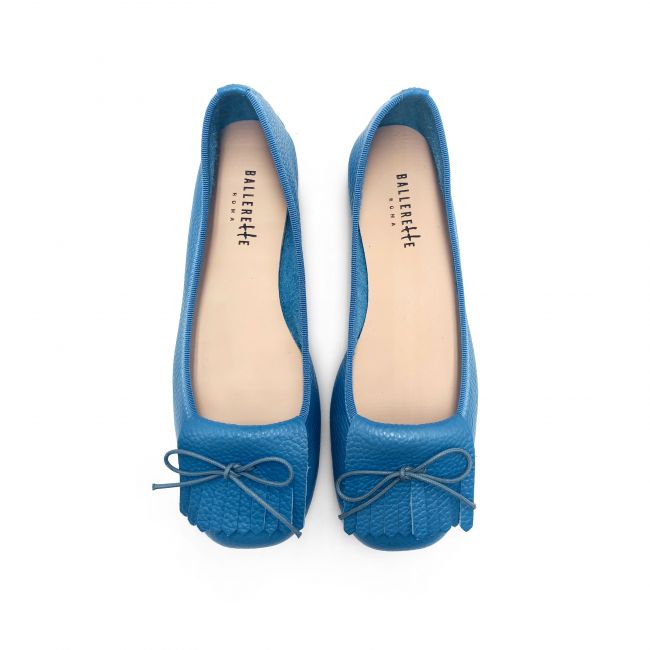 Cerulean leather moccasin with fringe
