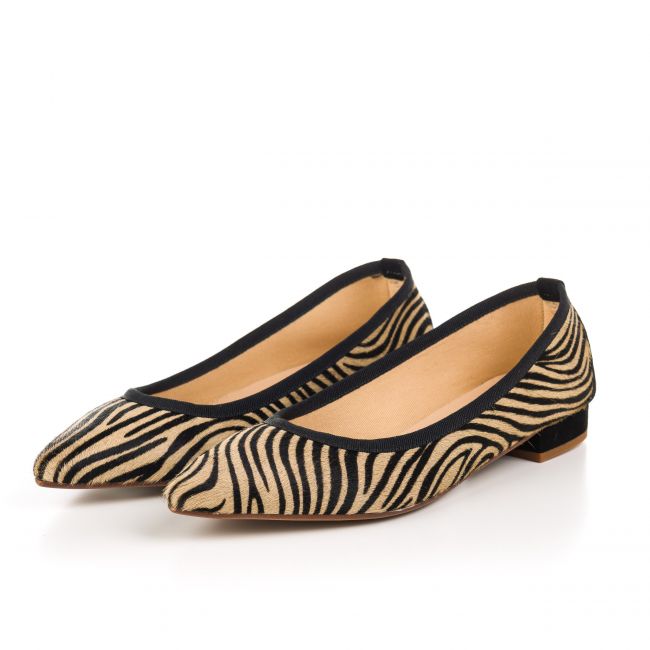 Zebra pattern calf hair pointed toe ballet flats