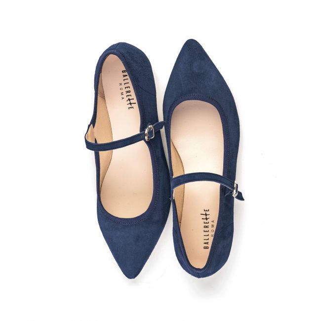 Blue suede pointed ballet flats with strap