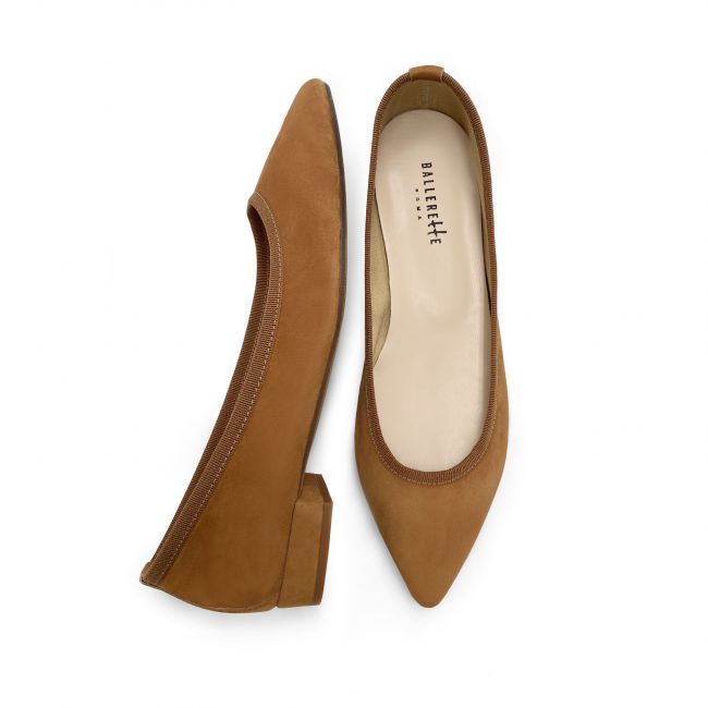 Pointed toe tan suede ballet flats