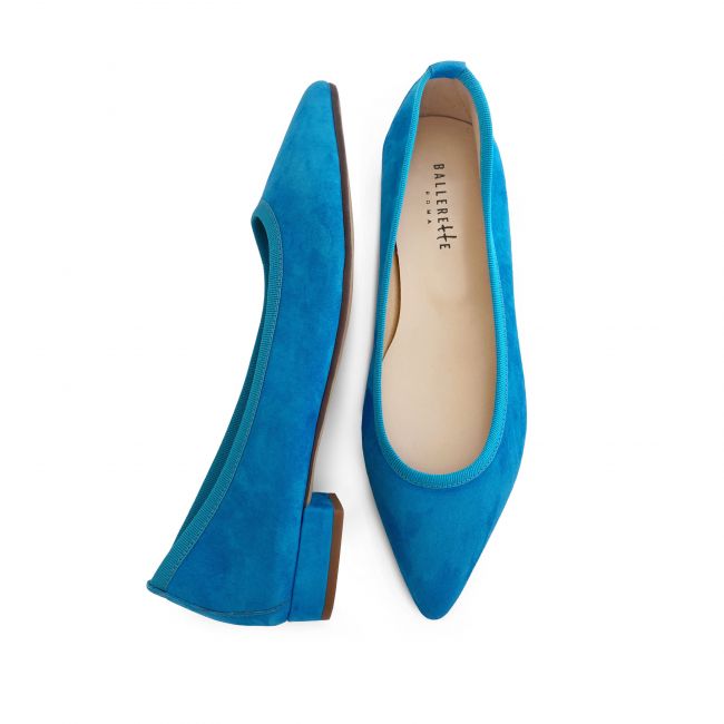 Pointed toe turquoise suede ballet flats