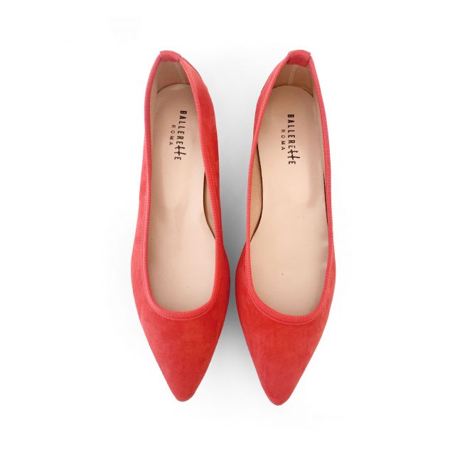 Pointed toe coral red suede ballet flats