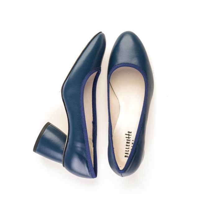 Navy blue leather pump ballet flats with high heel