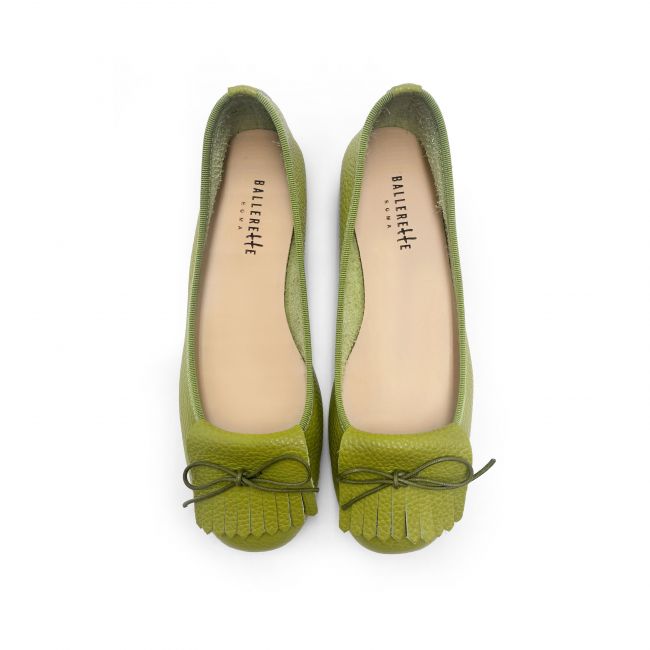 Olive green leather women's loafers with fringe