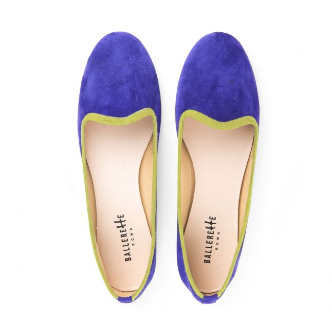 Purple suede loafers and green grosgrain