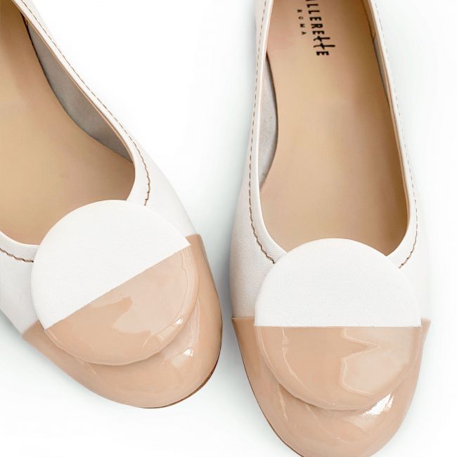 White leather ballet flats, taupe patent leather toe and stud