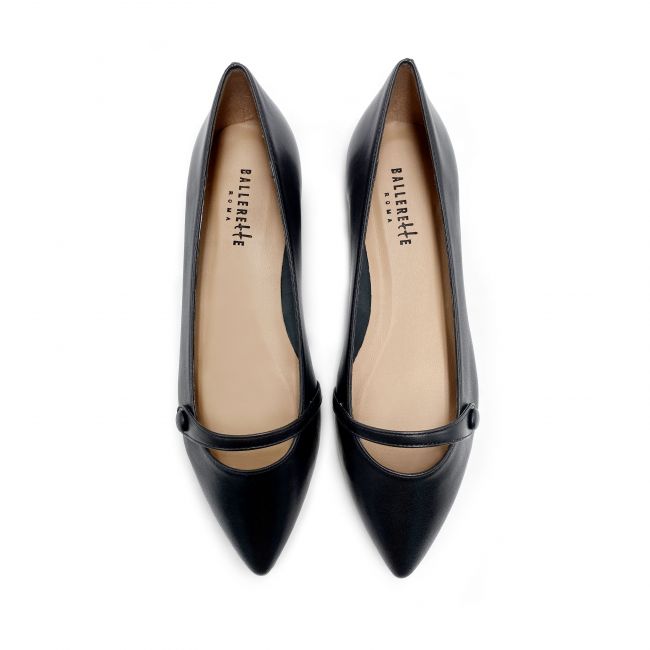 Pointed toe black leather ballet flats with strap