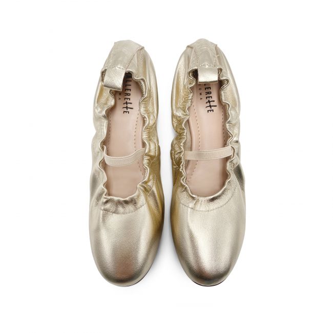 Gold leather glove ballet flats with elastic strap