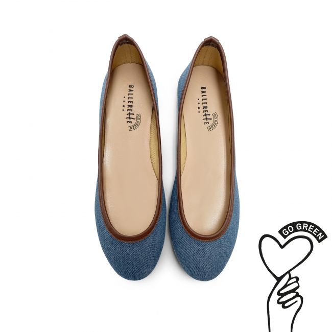 TT GO GREEN Collection - Ballerina shoes in blue recycled denim and leather trim