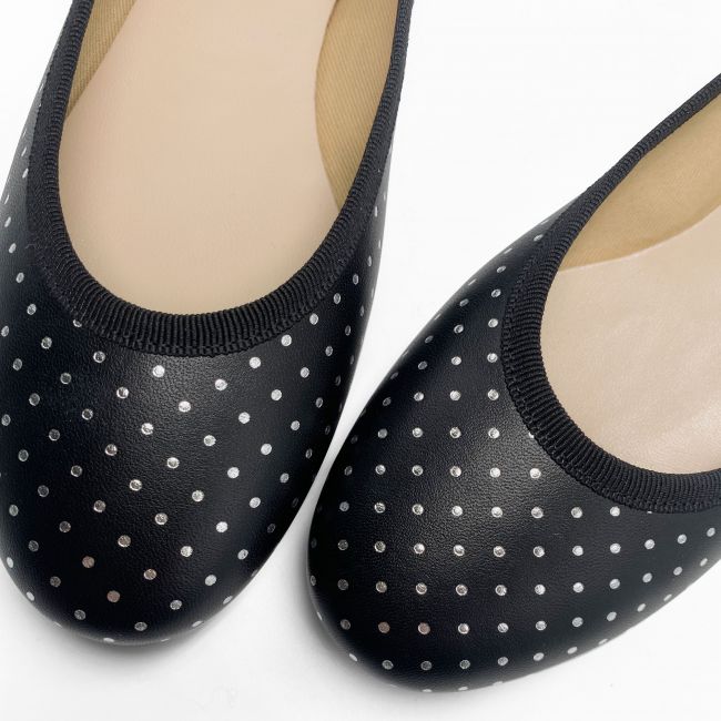 Black leather ballerinas with silver micro polka dots