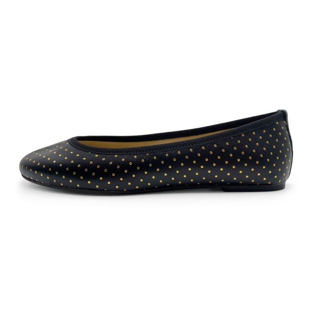 Black leather ballerinas with gold micro polka dots