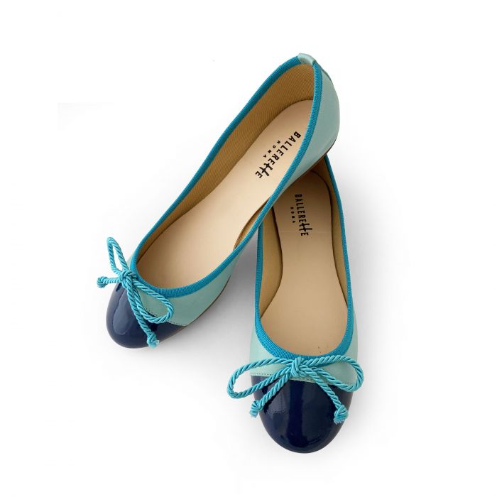 Aquamarine leather ballet flats with turquoise toe and bow - Ballerette