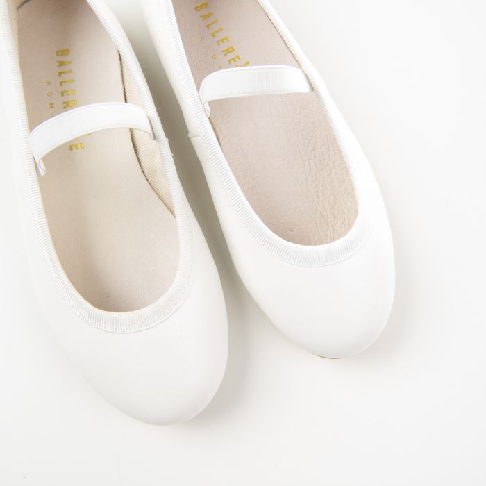 White leather girls ballet flats with elastic band